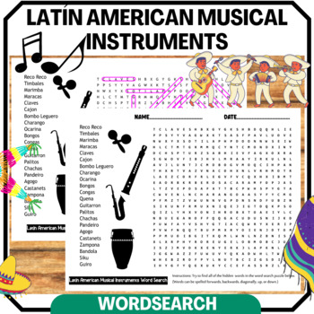 Preview of Hispanic Heritage Month Music Activities Latin American Instruments Wordsearch