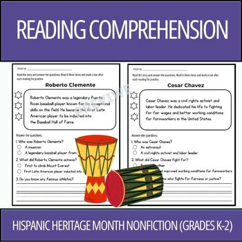 Preview of Hispanic Heritage Month Nonfiction Reading Comprehension Passages (Grades K-2)
