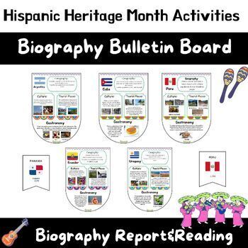 Preview of Hispanic Heritage Month Project Bulletin Board|Flags Flashcards and Biography