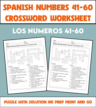 Preview of Hispanic Heritage Month Puzzle - Spanish Numbers 41-60 Crossword Worksheet