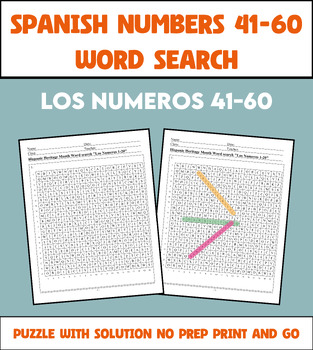Preview of Hispanic Heritage Month Puzzle - Spanish Numbers 41-60 Word Search Worksheet