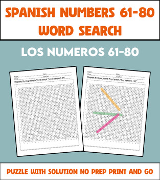 Preview of Hispanic Heritage Month Puzzle - Spanish Numbers 61-80 Word Search Worksheet