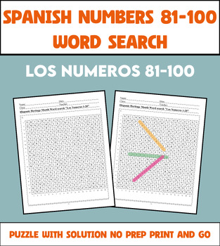 Preview of Hispanic Heritage Month Puzzle - Spanish Numbers 81-100 Word Search Worksheet