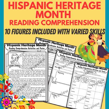 Preview of Hispanic Heritage Month Reading Comprehension Activities (10 figures included)