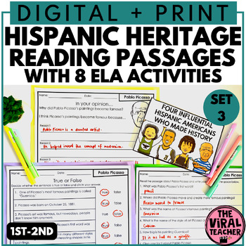 Preview of Hispanic Heritage Month Reading Comprehension Passages and ELA Activities set 3