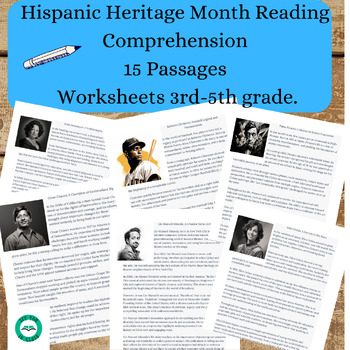 Preview of Hispanic Heritage Month, Reading Comprehension Worksheets for 3rd-5th grades.