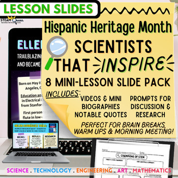 Preview of Hispanic Heritage Month Scientist Biography Lesson Slides Prompts Worksheet Pack
