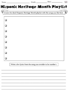 Preview of Hispanic Heritage Month Song Activity - Fun Latinx Playlist Writing Worksheet