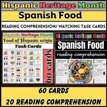 Preview of Hispanic Heritage Month Spanish Food reading comprehension/Matching Task Cards