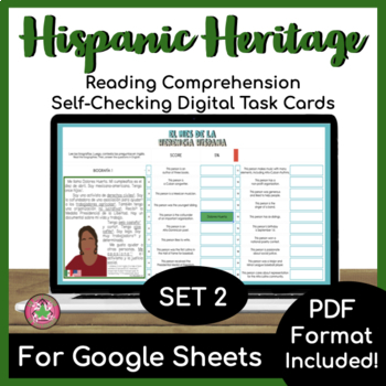Preview of Hispanic Heritage Month Spanish | Set 2 | Reading Self-Checking Task Cards