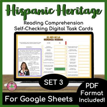 Preview of Hispanic Heritage Month Spanish | Set 3 | Reading Self-Checking Task Cards