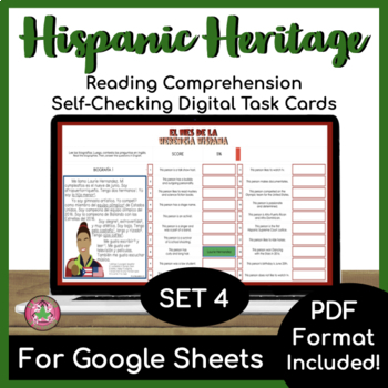 Preview of Hispanic Heritage Month Spanish | Set 4 | Reading Self-Checking Task Cards