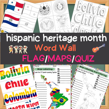 Preview of Spanish Speaking Countries of the Caribbean Map Labelin word wall Flag and quizz