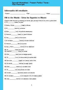 Preview of Hispanic Heritage Month Spanish Worksheet: Present Perfect Tense Past Participle