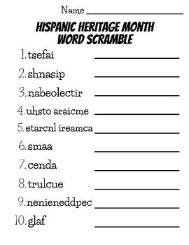Preview of Hispanic Heritage Month Word Scramble Activity for September October HHM