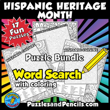 Preview of Hispanic Heritage Month Word Search Puzzles & Coloring BUNDLE | 17 Puzzles