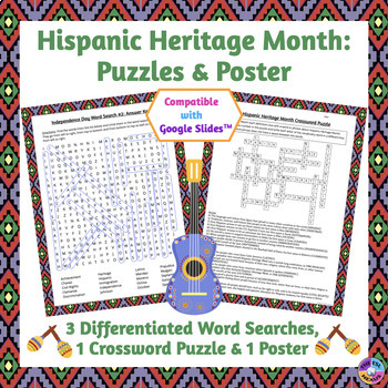Preview of Hispanic Heritage Month Word Search and Crossword Puzzle Activities & Poster
