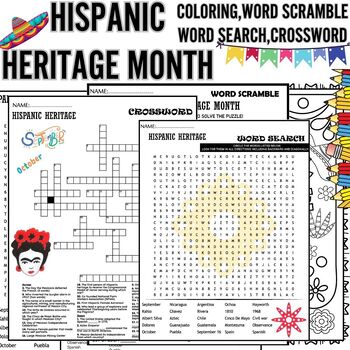 Preview of Hispanic Heritage Month Worksheets,Wordsearch,Word Scramble,Puzzle Coloring Page