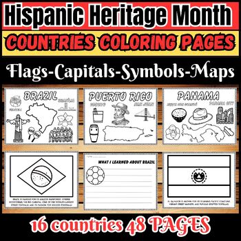 Preview of Hispanic Heritage Month -countries Coloring pages/Flags-Capitals-Symbols-Maps