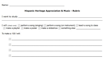 Preview of Hispanic Heritage & Music - Project-Based Learning - Rubric