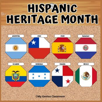 Preview of Hispanic Heritage month bulletin board | Hispanic Country Flags -Classroom Decor