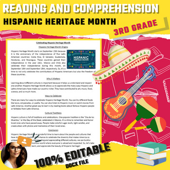 Preview of Hispanic Heritage month reading comprehension editable digital ressources docx