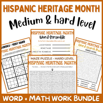 Preview of Hispanic heritage month Word search Math Game Bundle Maze scramble Hard 8th 9th