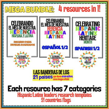 Preview of Hispanic leaders:Research templates for ALL SPANISH LEVELS & flags (4 resources)