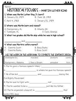 Historical Figures - Martin Luther King Jr. - Assessment/Quiz/Classwork