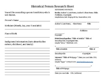 Preview of Historical Person Research Questions w/Bibliography