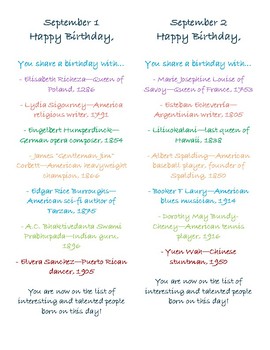 Preview of History Birthday Flyers/Bookmarks--September