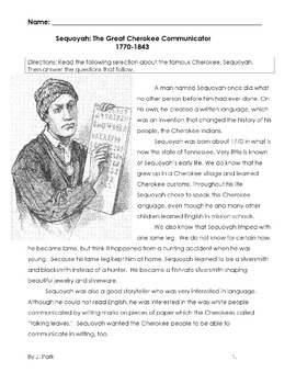 Preview of History: CHEROKEE INDIAN, SEQUOYAH + 10 Multiple Choice Reading Comprehension Qs