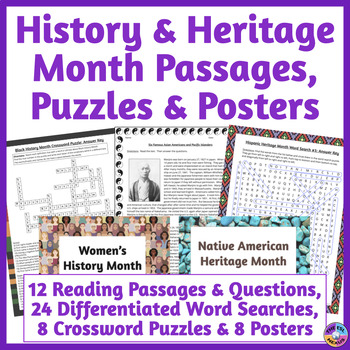 Preview of History & Heritage Months: Reading Passages, Crosswords, Word Searches & Posters