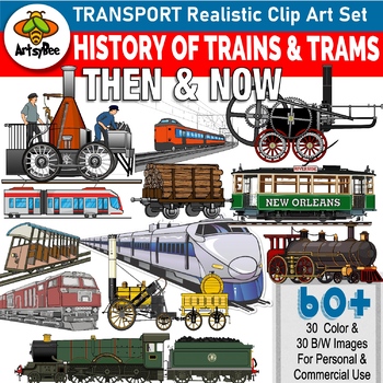 Preview of History Locomotives, Trains & Tram Then & Now Realistic Clipart Set 60+ images