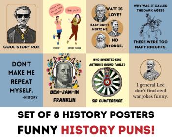 Preview of History Puns Posters (set of 8), History Classroom Decor, Social Studies Posters