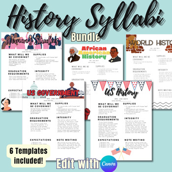 Preview of History Syllabi Bundle | 6 Syllabi Templates | Back to School | Edit on Canva