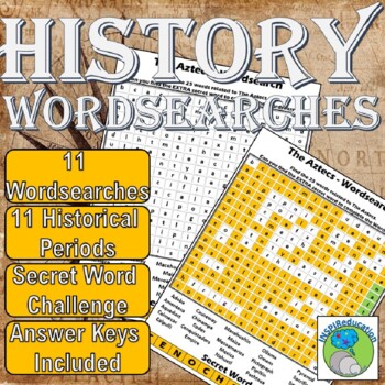 Preview of History Wordsearches: 11 Periods, Egyptians, Aztecs... Answer Key, Print and Go
