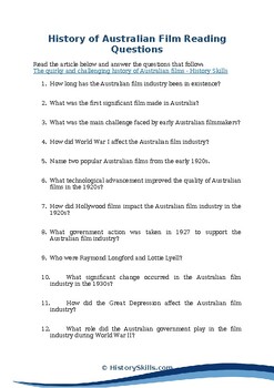Preview of History of Australian Film Reading Questions Worksheet