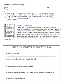 Preview of History of Computers from 3000 B.C. to 1951 (five activity worksheets)