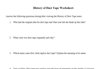 Preview of History of Duct Tape Worksheet (Pairs with Ppt Notes)