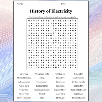 Preview of History of Electricity Word Search Puzzle Worksheet Activity