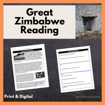 Preview of History of Great Zimbabwe One Page Reading with Questions: Print and Digital