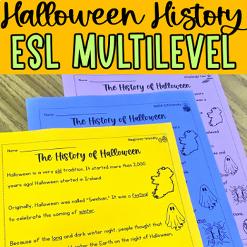 Preview of History of Halloween ESL Reading Comprehension, multilevel beginner-advanced