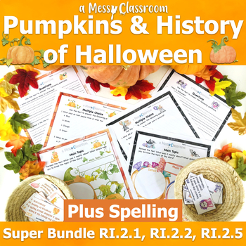 Preview of History of Halloween & Pumpkins Reading Bundle RI2.1, RI.2.2, RI.2.5 + Spelling
