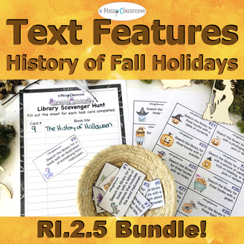 Preview of History of Fall Holidays Nonfiction Bundle RI.2.5 Text Features Task Cards