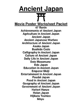 Preview of History of Japan "Movie Poster" WebQuest & Worksheet Packet (55 Topics)
