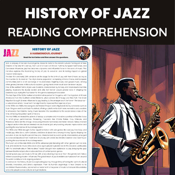 Preview of Jazz Music Reading Comprehension Worksheet | History of Jazz Music
