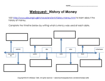 Preview of History of Money Computer Webquest; Timeline and Comprehension Questions