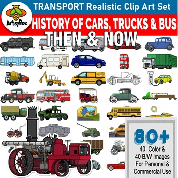 Preview of History of Motor Car, Bus & Trucks Then & Now Realistic Clipart Set of 80 images