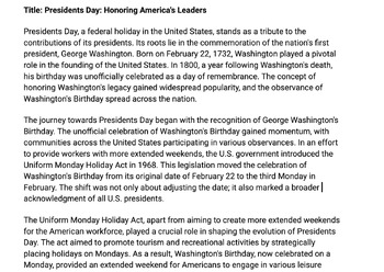 Preview of History of President's Day Reading and Questions